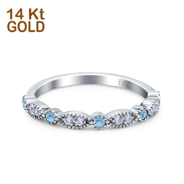 14K White Gold Half Eternity Wedding Band Art Deco Design Simulated Aquamarine CZ Ring